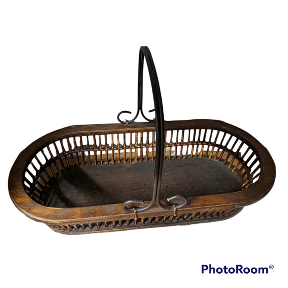 Vnt Wood Basket 19.5”x 8.5”x 4.5" Metal Handle Dark Brown Farmcore Rustic - Picture 8 of 9